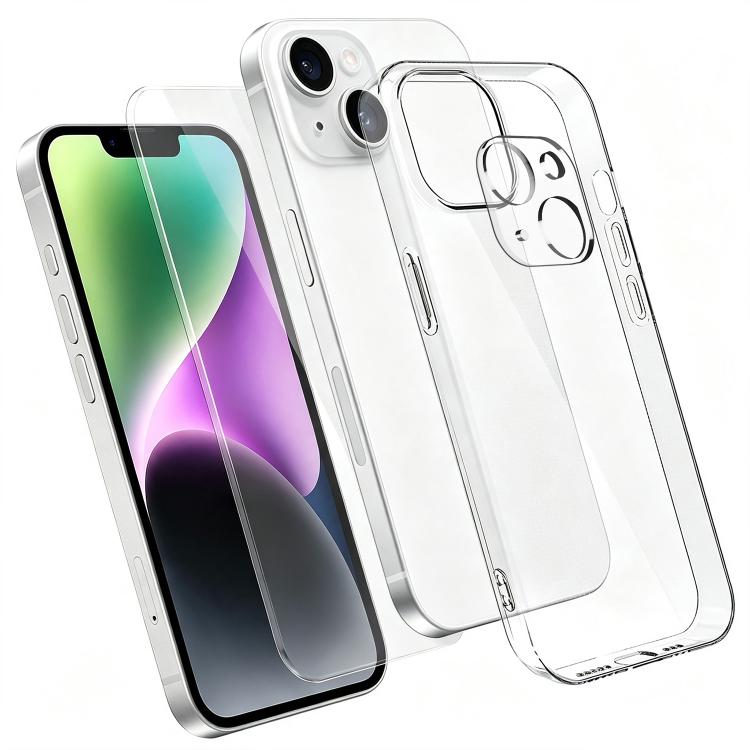 3‑in‑1 Set Clear TPU Phone Case + High Alumina Tempered Glass Screen & Lens Protector For iPhone
