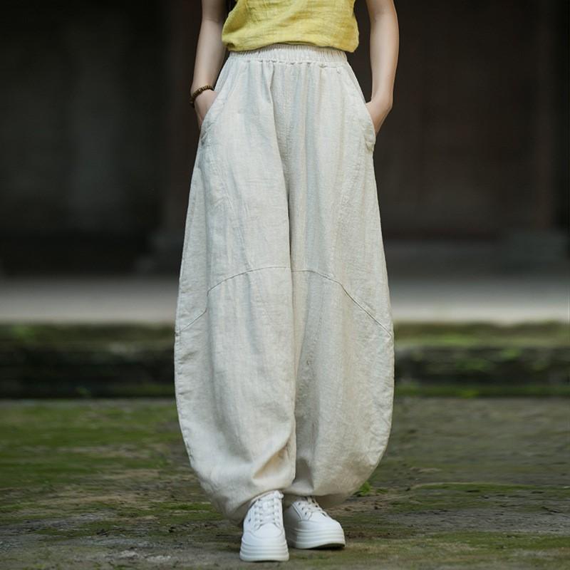 Johnature Женские винтажные шаровары с эластичной талией, осенние однотонные лоскутные свободные длинные брюки