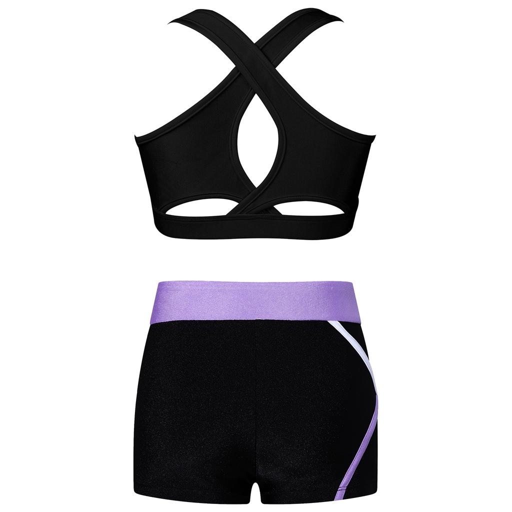 Girls Sleeveless U Neck U Neck Crop Top Cross Back Straps Low Waist Elastic Side Striped Shorts Workout Set