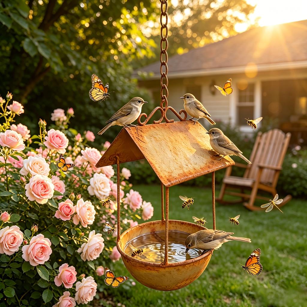 Wrought Iron Bird Feeder Rust Colored Hanging Feeder 1pc Wildlife Water and Food Supply Courtyard Home Ornament Outdoor Garden Decoration Excellent