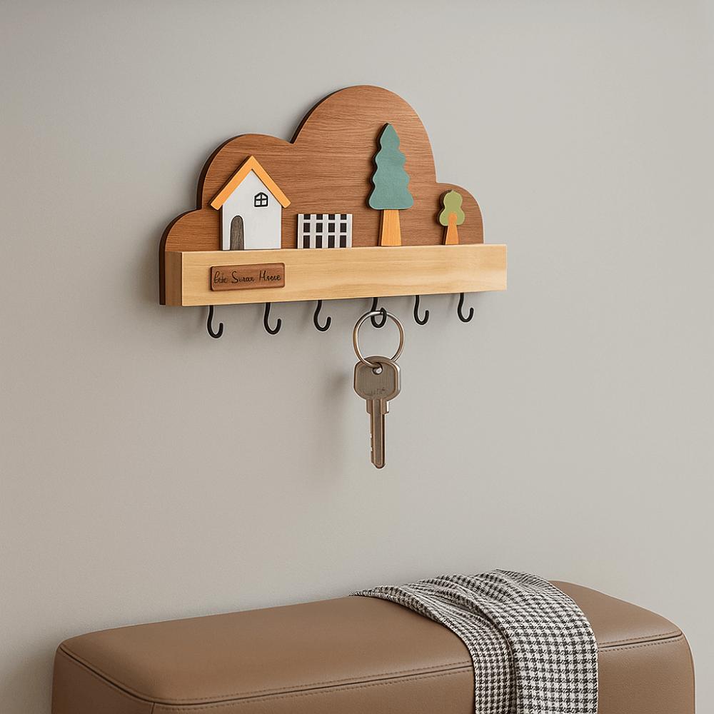 Cloud House Forest Key Storage Holder Solid Wood Decorative Hook Door Wall Hook  Home Decor