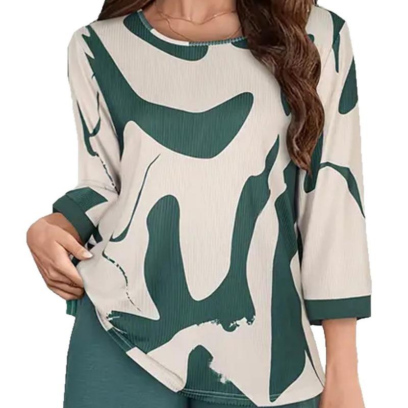 Women S Casual Abstract Print U Neck 3 4 Sleeve Loose Fit Top