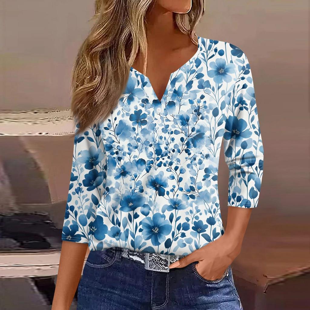 Women's T Shirt Print Button 3/4 Sleeve Daily Weekend Fashion Basic V- Neck Regular Top