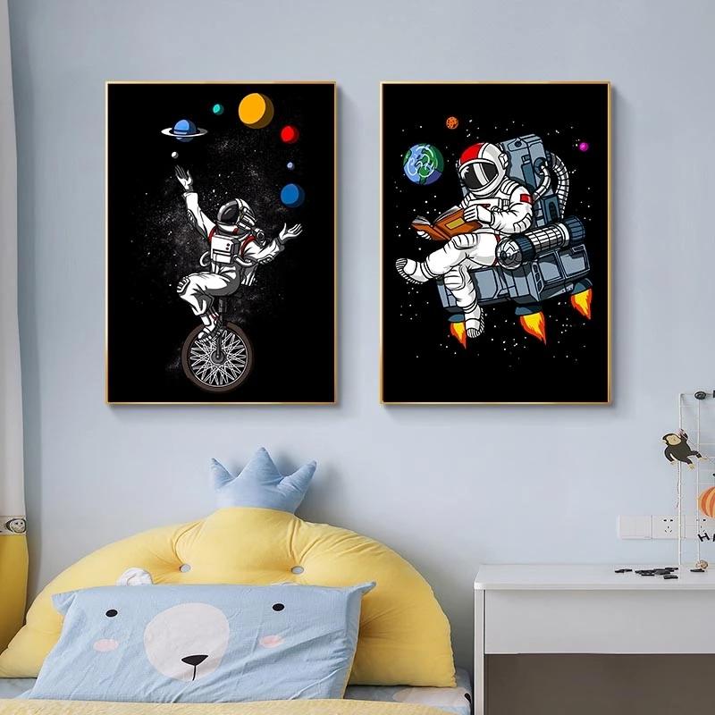 Печать на холсте, плакат с изображением космонавта, путешествия в космическом пространстве, настенные художественные картины, картины с героями мультфильмов для гостиной, детской спальни, Настенный декор