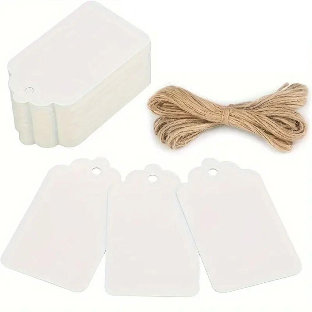 100Pcs Vintage DIY Scallop Label with String Kraft Paper Hang Tags Clothes Packaging