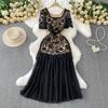 Summer Women Elegant Square Collar Embroidery Flower Lace Mesh Patchwork Long Maxi Slim Bodycon Party Dresses