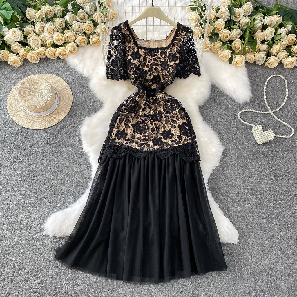 Summer Women Elegant Square Collar Embroidery Flower Lace Mesh Patchwork Long Maxi Slim Bodycon Party Dresses