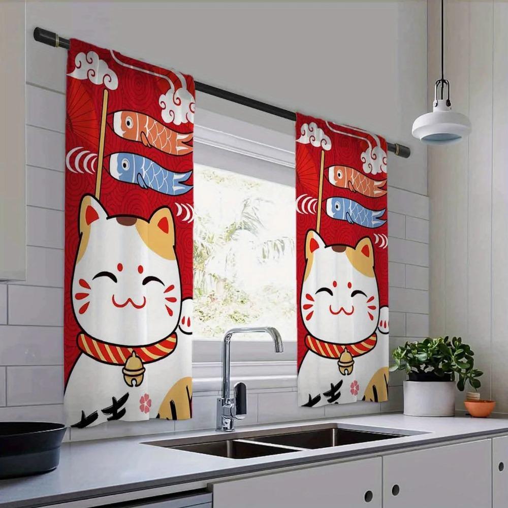 2-панельные шторы с принтом «Кот Фортуны» Шторы для кухни с рыбками Кухонные жалюзи Оконные шторы 75% затемнения Кофейные шторы
