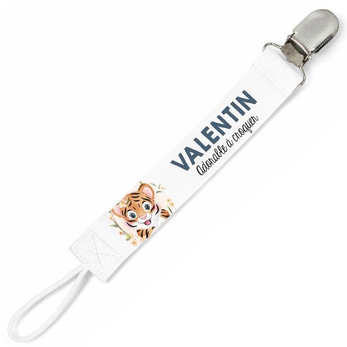 Planetee Attache tétine pour prénom VALENTIN adorable à croquer tigre garçon | Attache sucette cadeau naissance