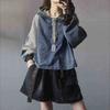Autumn Retro Contrasting Hooded Washed Denim Sweatshirt Women Loose Versatile Sleeves Short