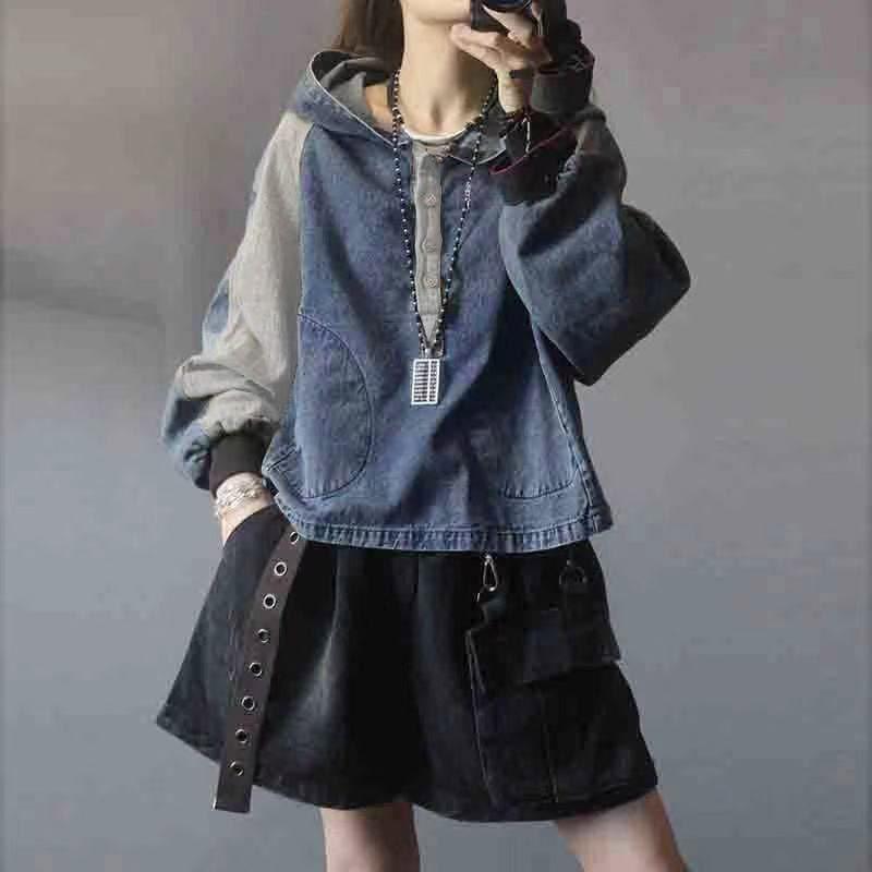 Autumn Retro Contrasting Hooded Washed Denim Sweatshirt Women Loose Versatile Sleeves Short