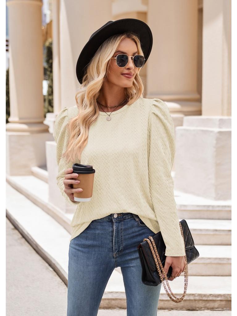 2024 Новая осенняя мода Повседневная круглая горловина однотонная трикотажная жаккардовая женская футболка с рукавами-пузырями и узорами из жареного теста