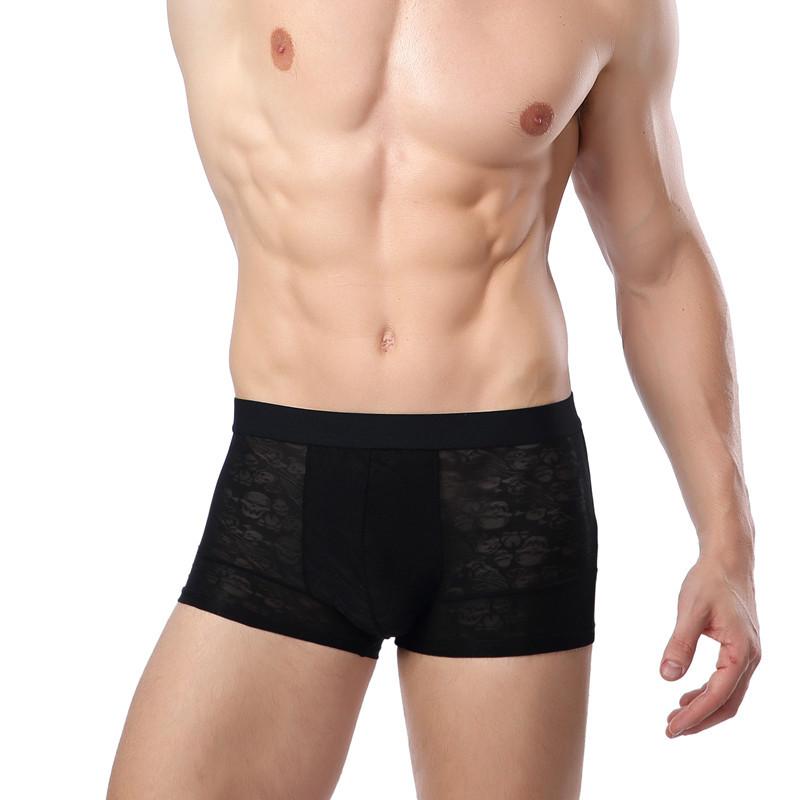 Mid-waist Solid Colour Youth Men's Ice Silk Breathable Hollow Ultra-thin Sexy Boxer Briefs