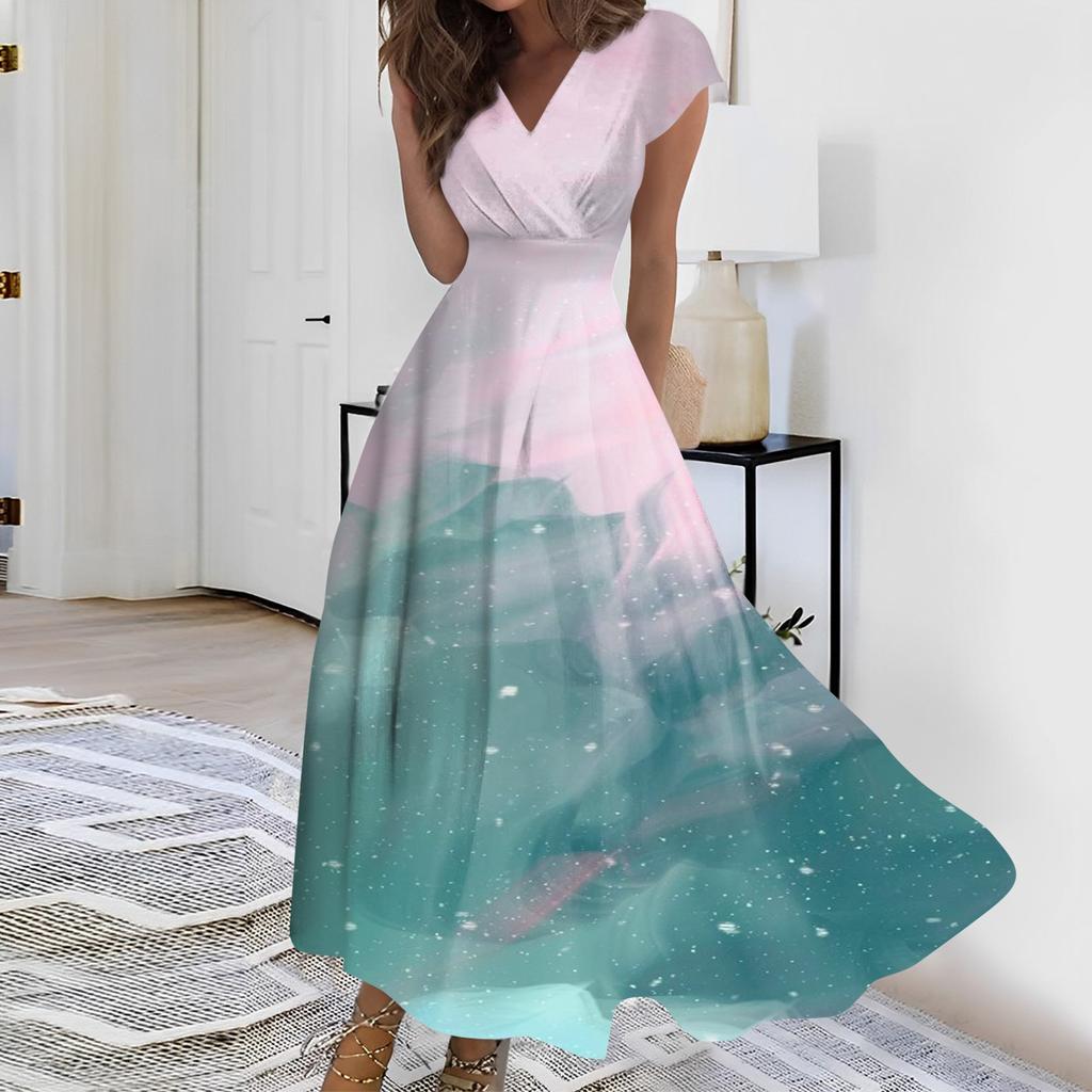 Женское длинное повседневное платье. Летнее платье с короткими рукавами и v-образным вырезом на талии с принтом.