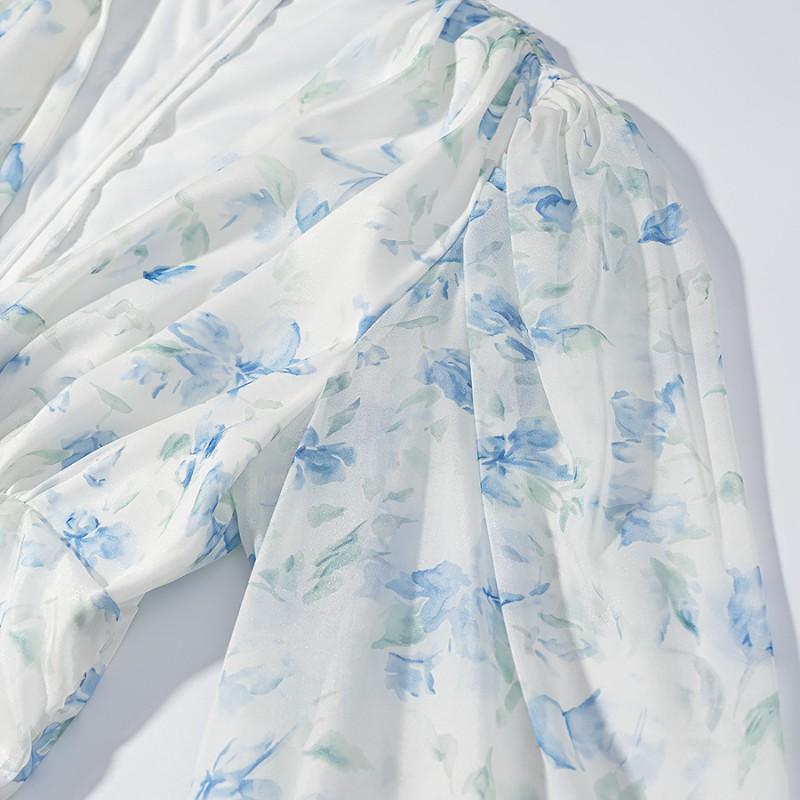 Womens Long Sleeve Floral Dress V Neck Rose Decor Ruffle Hem Bodycon Mini