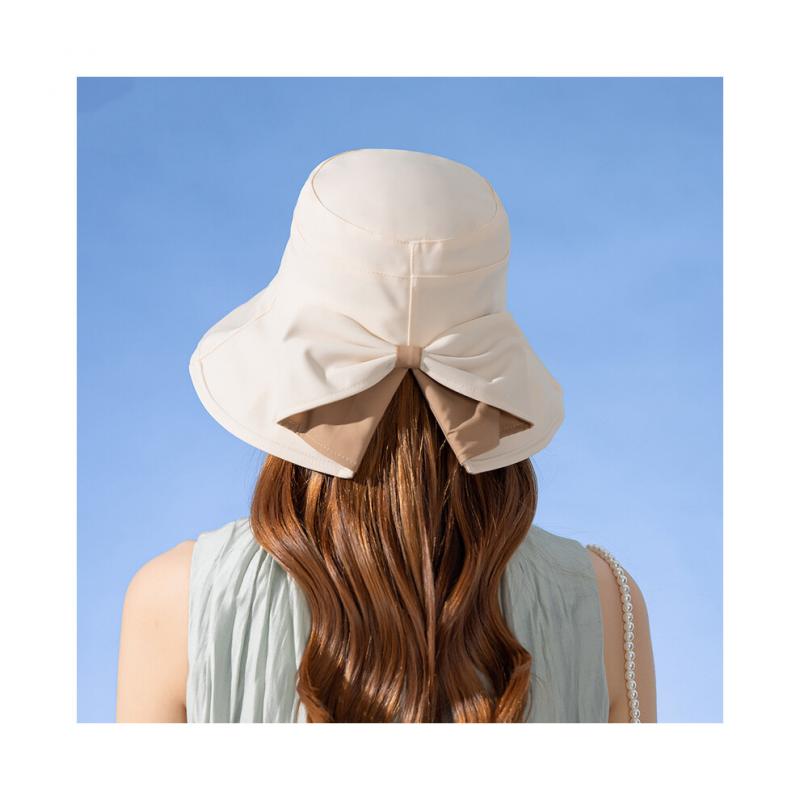 (Beige)Damen-Sommer-Sonnenschutz-Eimerhut mit Fliege, elegante Damen-Sonnenschutz-Strandkappe im Freien