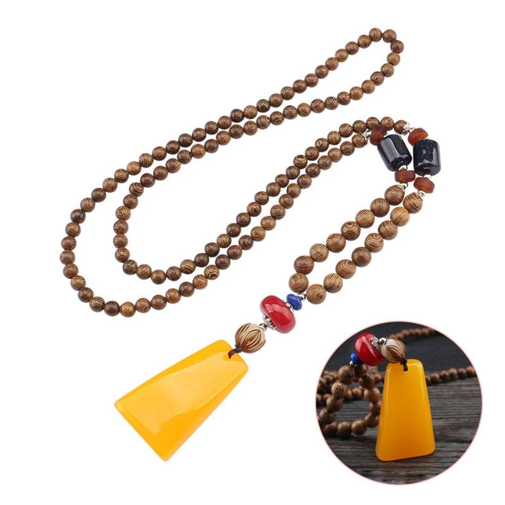 Vintage Lucky Gift Party Ethnic Jewelry Mala Wood Bead Nepal Necklace Horn Fish Pendant Buddhist