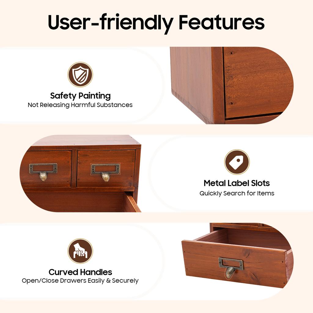 Винтажный 6-ящичный шкаф для хранения, Ретро коричневый деревянный органайзер со слотами для этикеток для офиса, кабинета, спальни, хранения рукоделия и макияжа