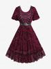Rosegal Gothic Puff Sleeves Polka Dot Floral Mesh Flocking Lace Up Ruffles Ruched A Line Dress with PU Buckle Belt