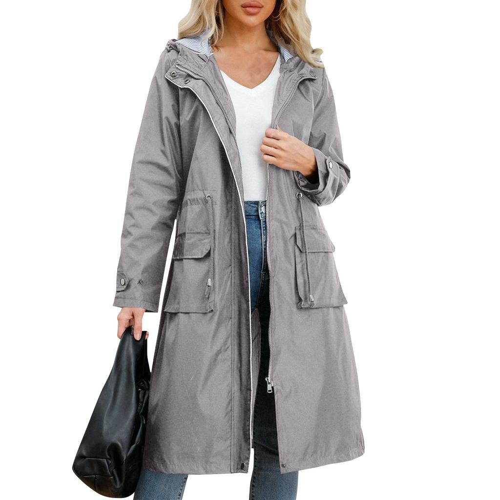 Women's Solid Colored Hooded Long Sleeved Trench Coat With Striped And Straight Tube Jacket