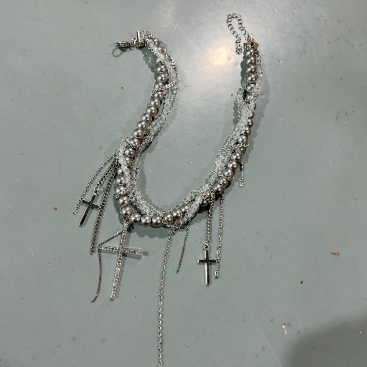 Gothic Layered Cross Necklace - Punk Fringe Choker with Beaded Detailing