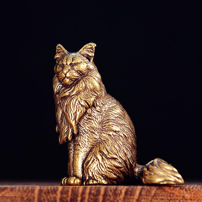 Brass Cat Sculpture Vintage Antique-Style Desktop Decor Animal Figurine Home Office Ornament