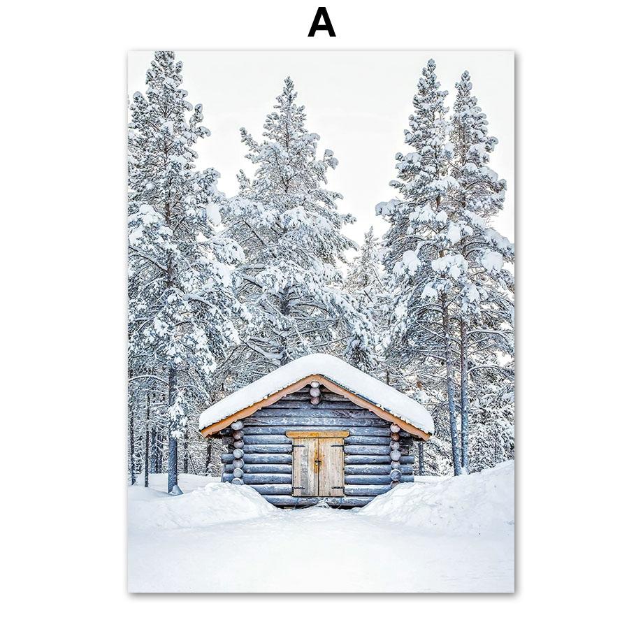 Winter Snow Fores Cabin Leopard Deer Plant Wall Art Canvas Painting Nordic Posters And Prints Wall Picture For Living Room Decor