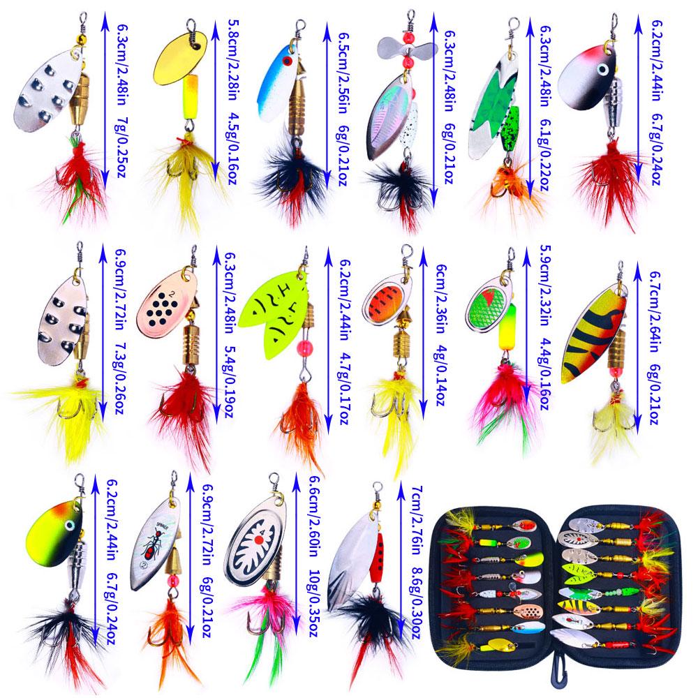 16PCS Rotate Spinnerbait Metal Spoon Spinner Fishing Lure Hard Bait With Feather Treble Hooks with Bag Spinnerbait Tackle