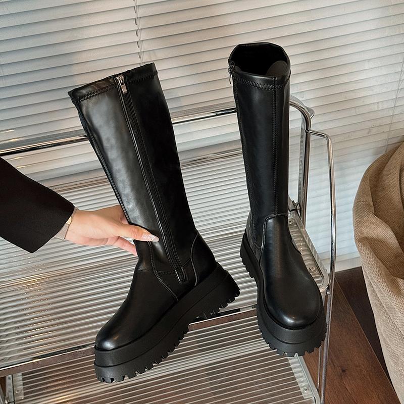 Модные женские сапоги на толстом каблуке и платформе до колена, модные туфли на молнии в стиле панк, лаконичные длинные женские сапоги Botas De Mujer