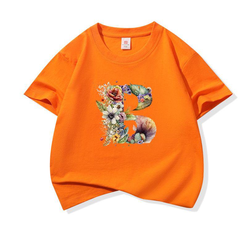 Kids Cotton T Shirt Floral Letter B Print Crew Neck Short Sleeve Tee Casual Boys Girls Summer Tops