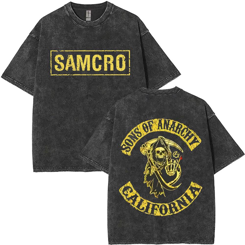 MXLLimited Anarchy Son Samcro Vintage Wash Tshirt Unisexs And Womens Skeleton Hip Hop Rock Casual Tshirt Short Sleeve Top