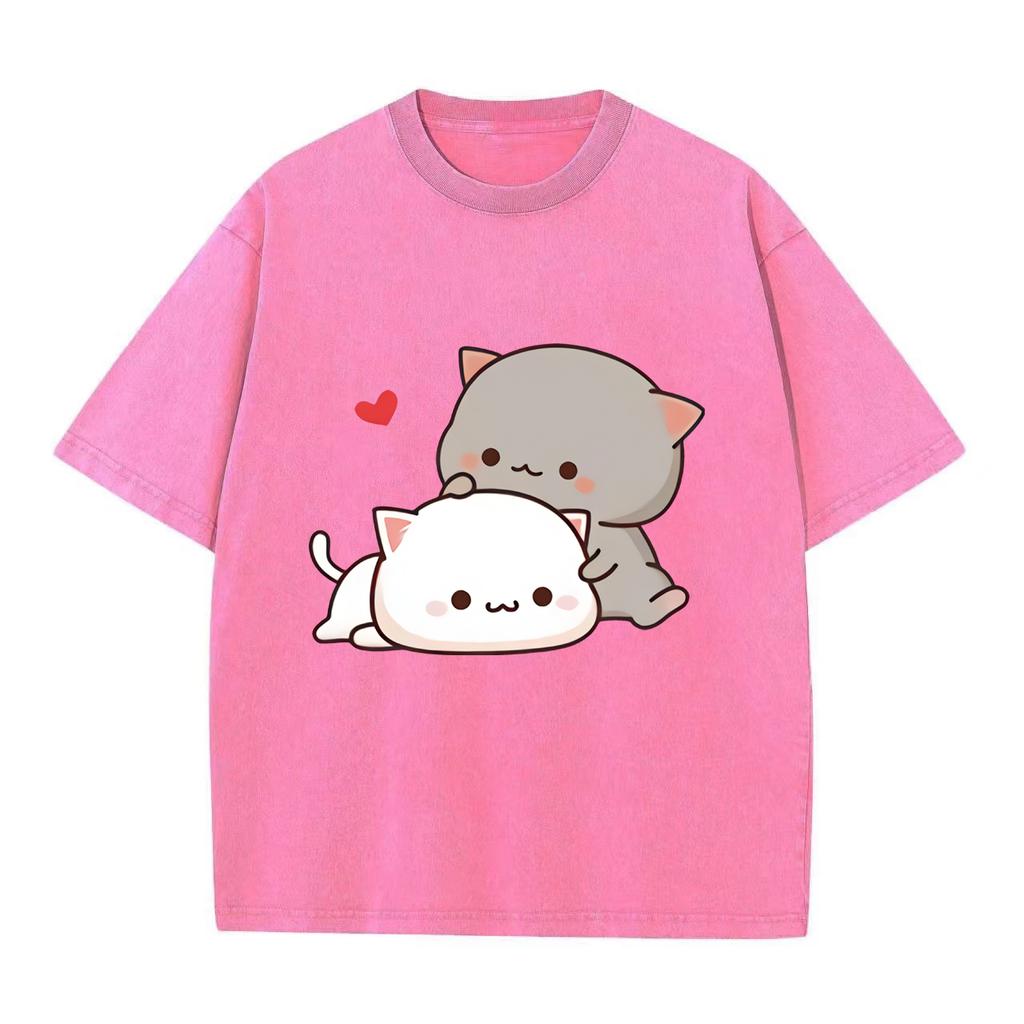 Футболка с аниме Kawaii Girl, флисовая футболка Harajuku, свободный повседневный свитер, милая парная футболка для подарка на День святого Валентина, винтажная футболка в стиле ретро с эффектом потертости