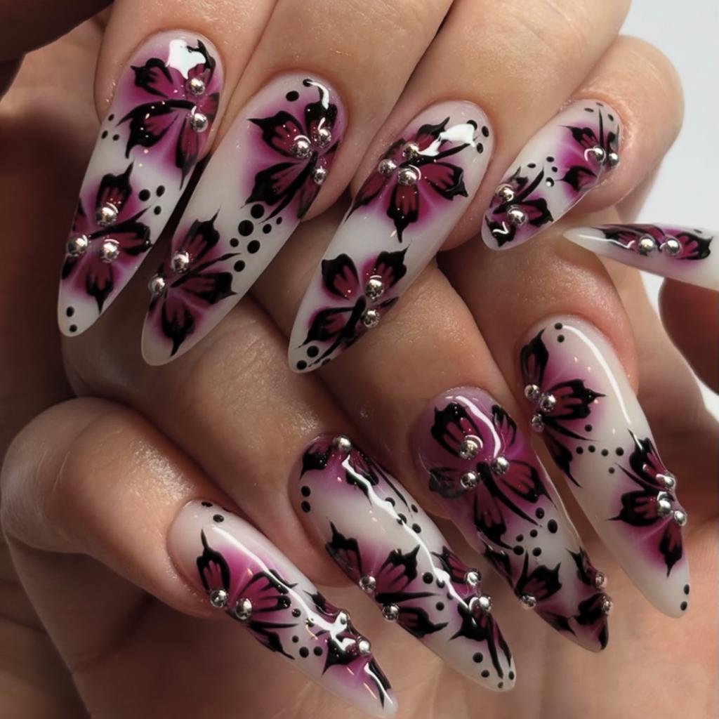 24PCS Retro Purple Flowers Gradient Stiletto False Nails with Sweet Butterfly Pattern Almond Press On Nails Wearable Simple Nail