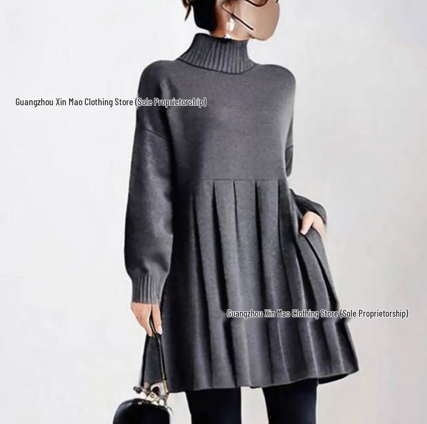 2025 Autumn/Winter Pure Color Pleated Mid-Length Women's Sweater with Patchwork Design