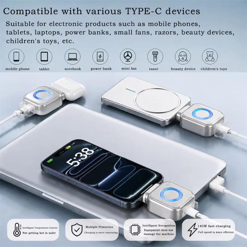 New Portable Intelligent Full Charge Separator Adapter Auto Power-Off Safe Overnight Stay 140W Type-C Fast Charging Converter 4