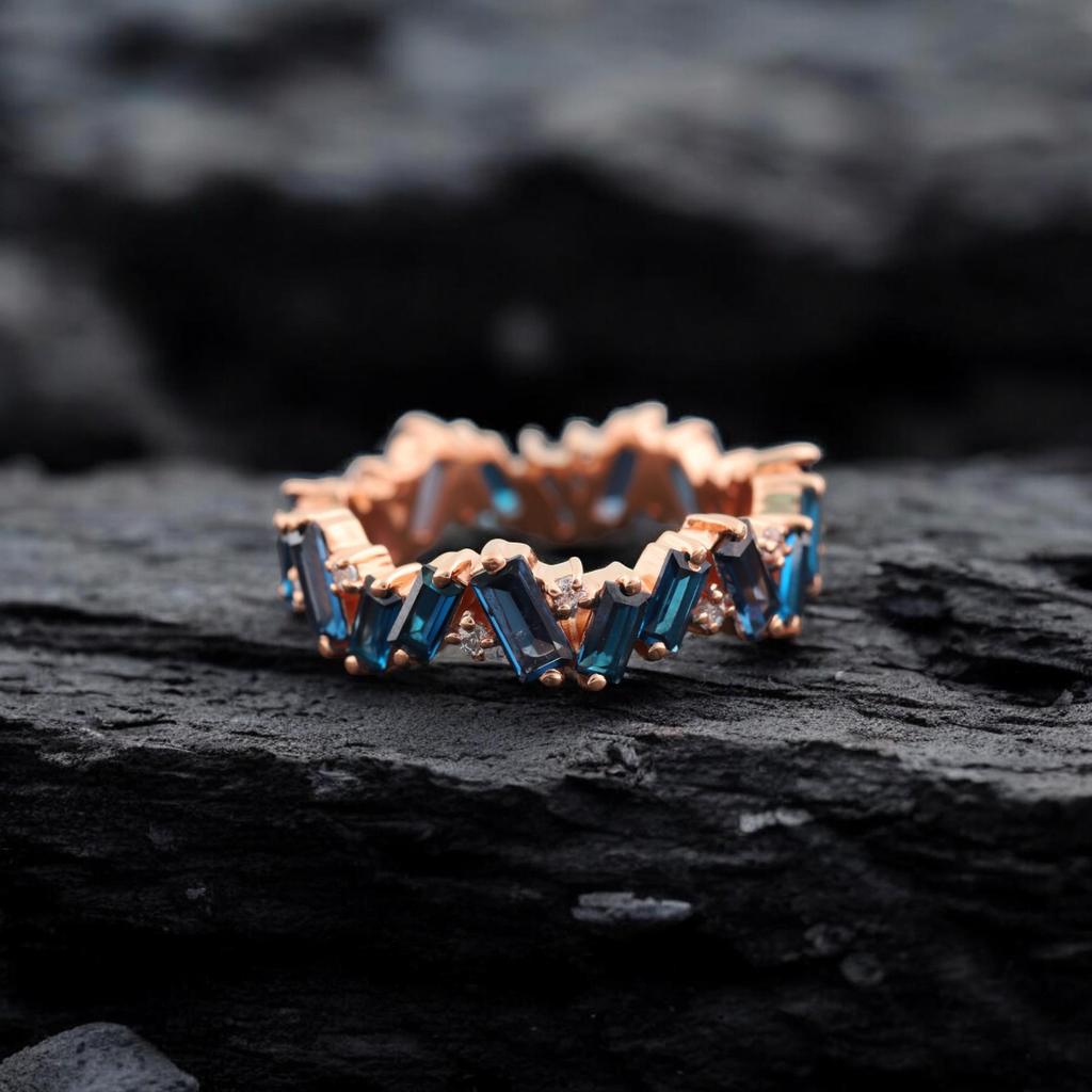 Baguette Cut Sapphire Wedding Band 18k Gold Vintage Delicate Ring Blue Gemstone Band Eternity Matching Band Birthstone Jewelry Gift For Mom