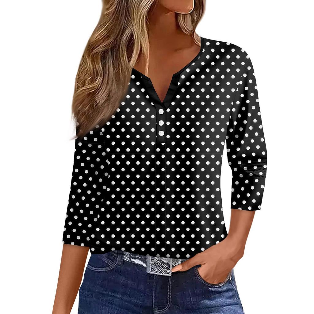 Women's T Shirt Tee Print Button 3/4 Sleeve Daily Weekend Fashion Basic V- Neck Regular Top