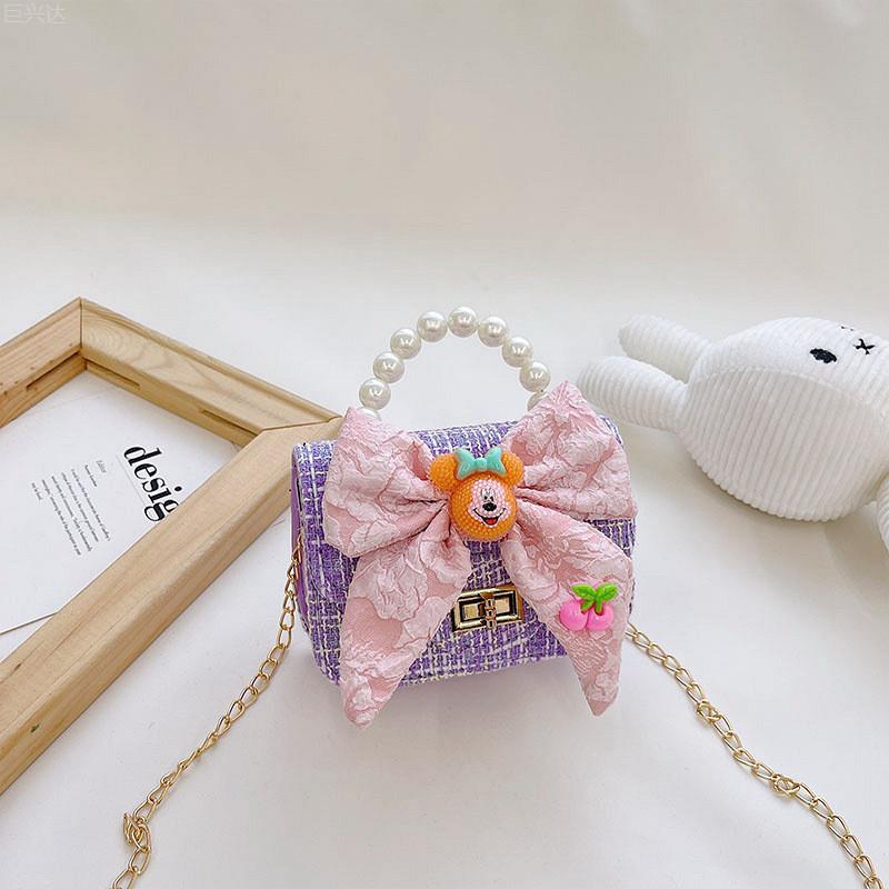 Fashionable Mini Children's Cotton And Linen Bag With Cute Rabbit And Pearl Accessories