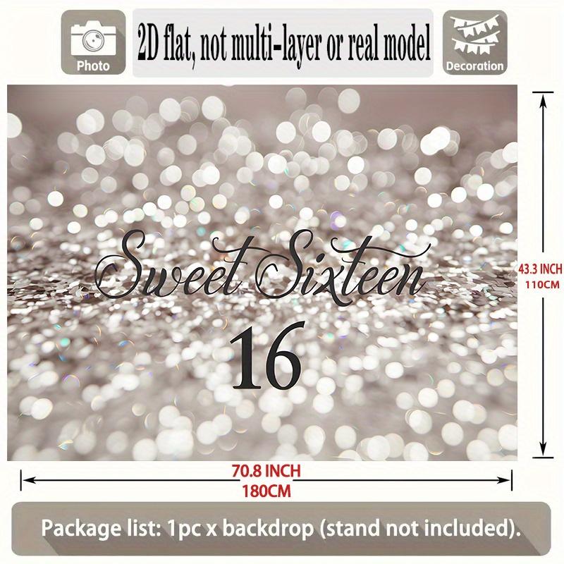 Sweet Sixteen Birthday Banner, Silver White Sparkle Backdrop Wall Decor for Party