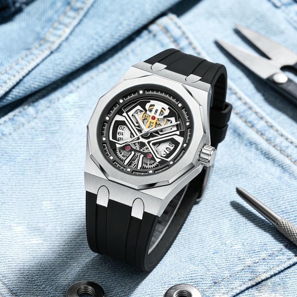 Men's Quartz Watch, Crafted with Quartz Movement, Black Warrior 12-Sided Case with a Hollowed-Out Face and Silicone Strap, Large