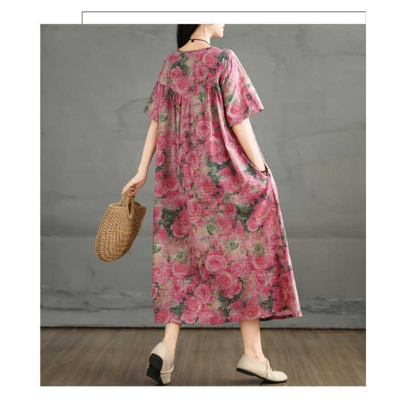 Ретро хлопково-льняное платье с круглым вырезом и короткими рукавами для женщин, свободная А-силуэтная юбка