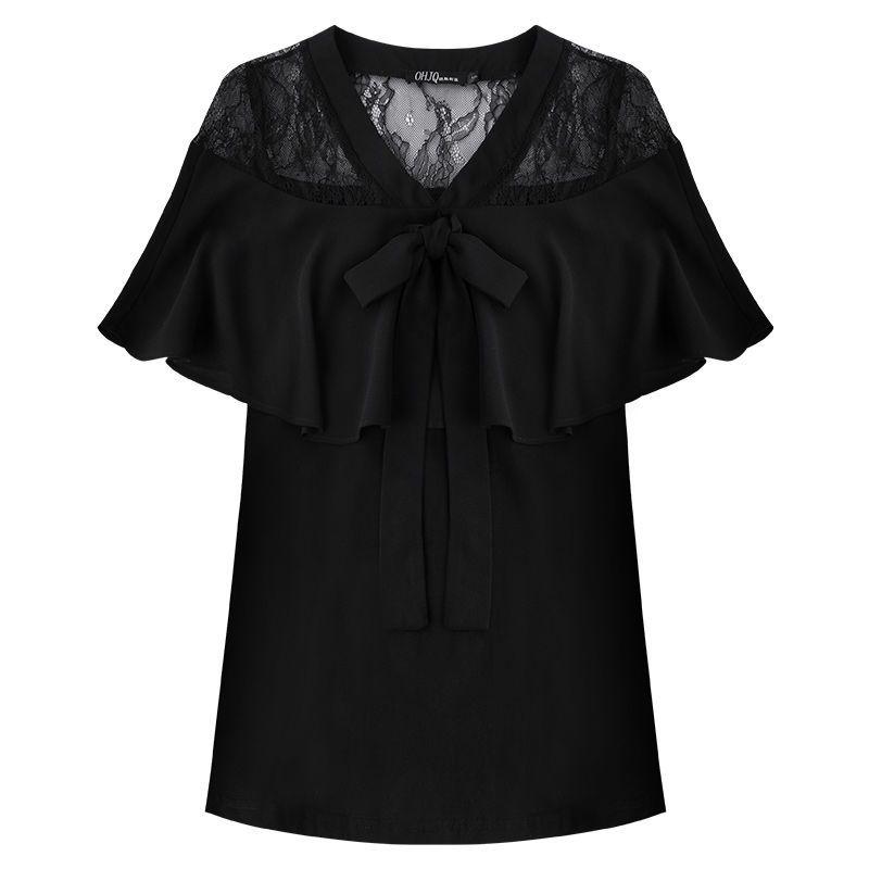 Черные кружевные топы. Женская летняя шифоновая рубашка с v-образным вырезом и оборками. Тонкая футболка с короткими рукавами. Шикарная нишевая футболка с баской.