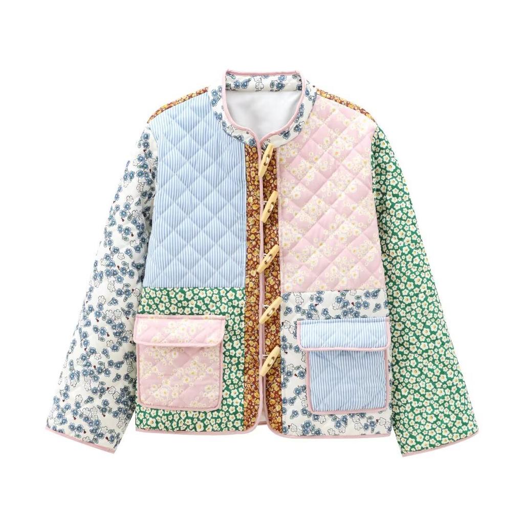 Women Stand Collar Quilted Print Loose Casual Cotton Coat