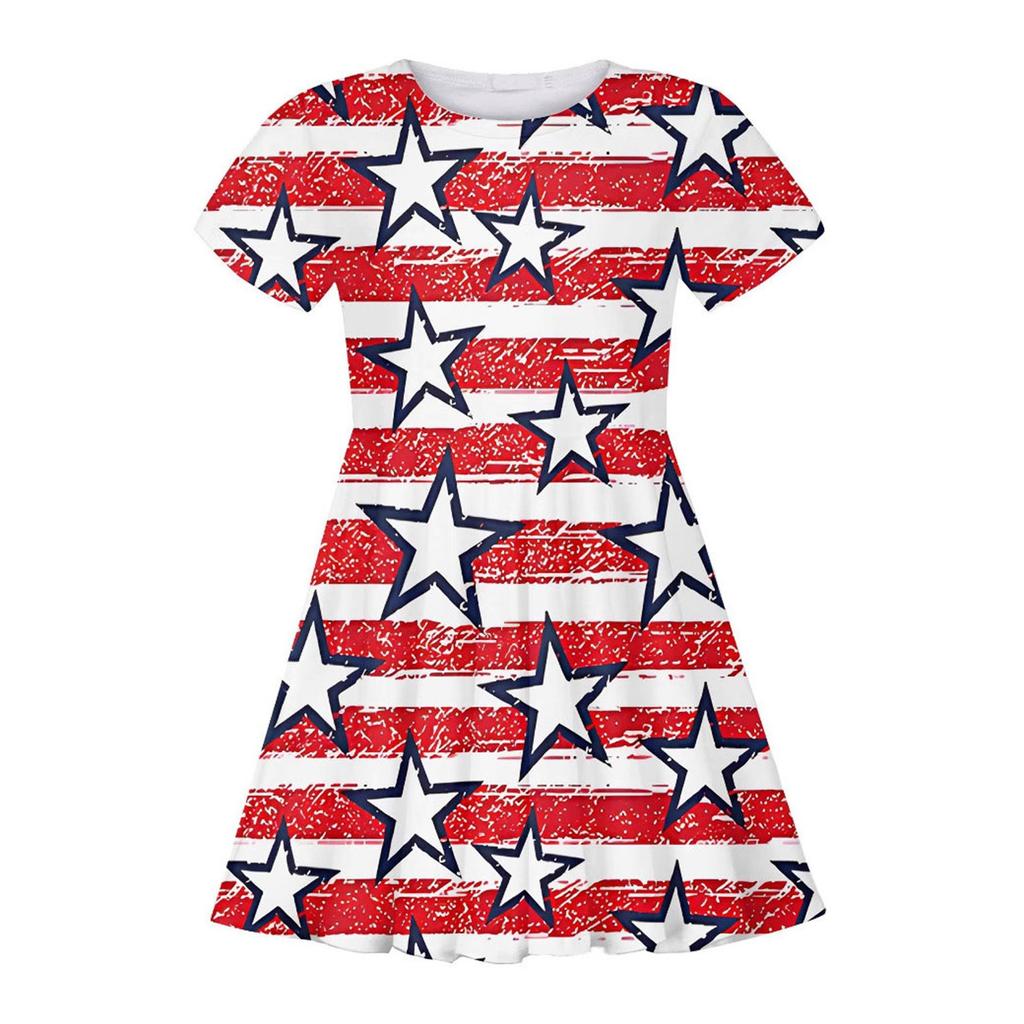 Summer Casual Loose Print Sweet Girl Short-sleeved Princess Independence Day Dress