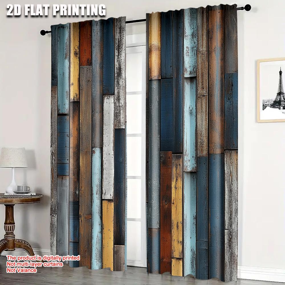 2pcs, Popular Curtain Panels 2D print Retro Faux Wood Plank Machine Washable Fabric (without rod) Gifts Perfect for Living Room,