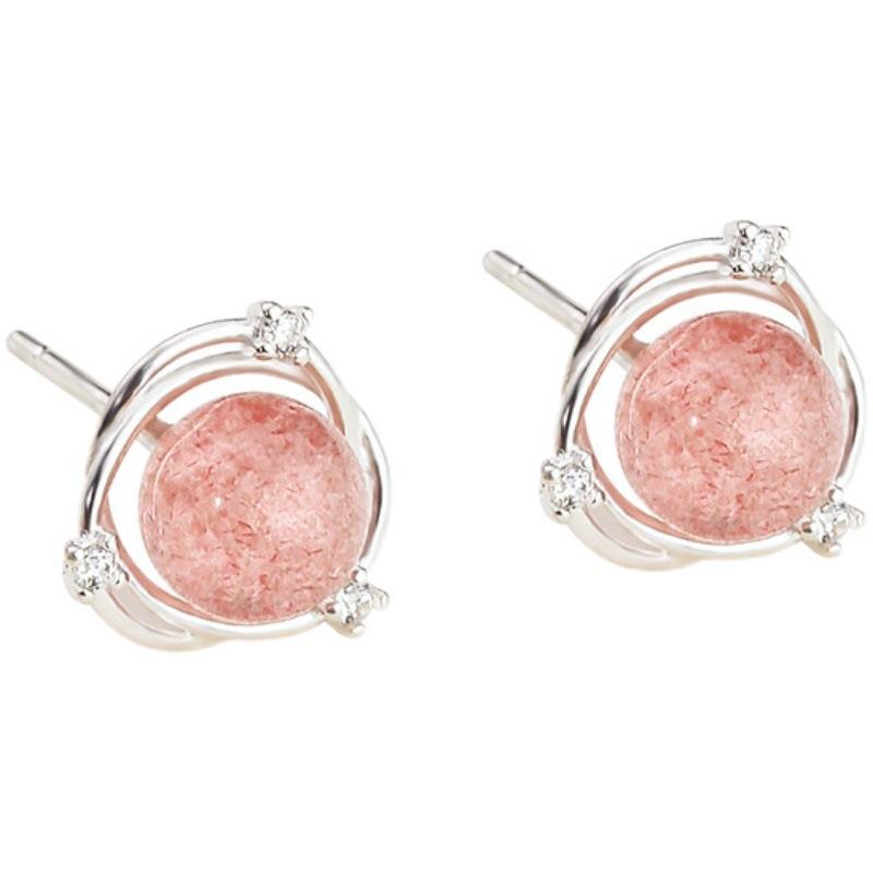 Sterling Silver Strawberry Crystal Zircon Womens Stud Earrings Niche Design Ear Jewelry