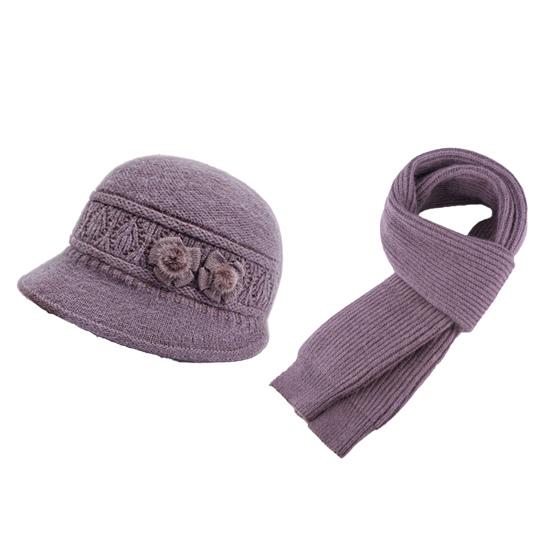 2Pcs/Set Women Hat Scarf Set Solid Color Flower Decor Elastic Knitting Basin Hat Warm Long Scarf Set Cold Weather Accessories