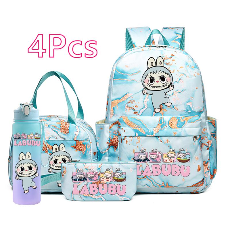 4Pcs/set Cartoon Printed Backpack Pencil Bag Lunch Bag Outdoor Water Bottle Student Girl Large Capacity Schoolbag Travel Bag Gift