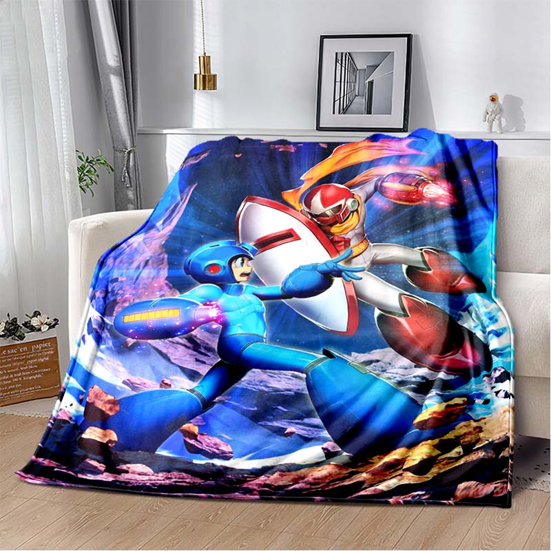 Mega Man Anime Print Flannel Throw Blanket Soft Warm Bed Cover for Kids Bedroom Sofa Home Decor Gift