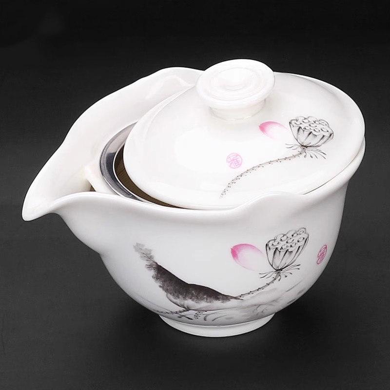 Anti-scalding teapot ceramic cover bowl large tea cup Kung Fu tea set Sancai Pu'er tea bowl hand-held teapot white porcelain